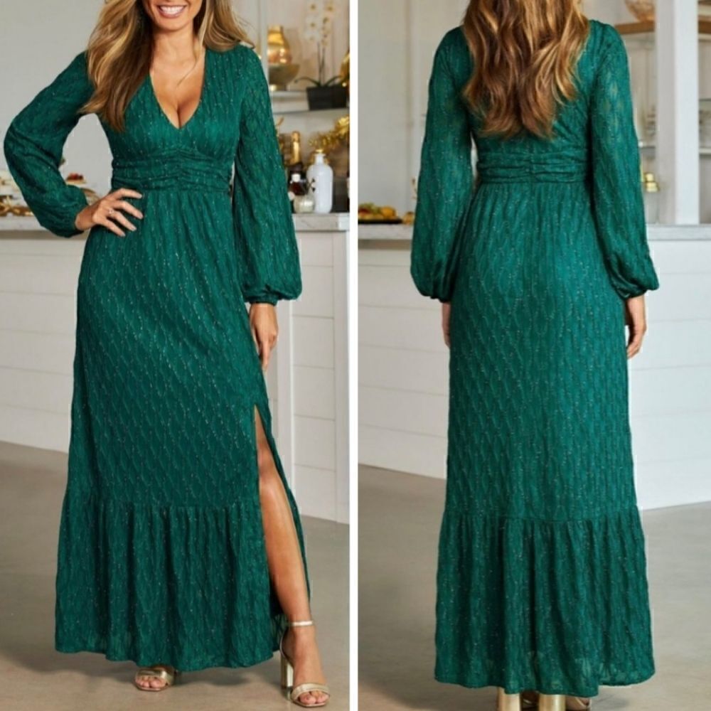 Boston Proper Tiered Cocktail Party Long Sleeve Side Slit Maxi Dress